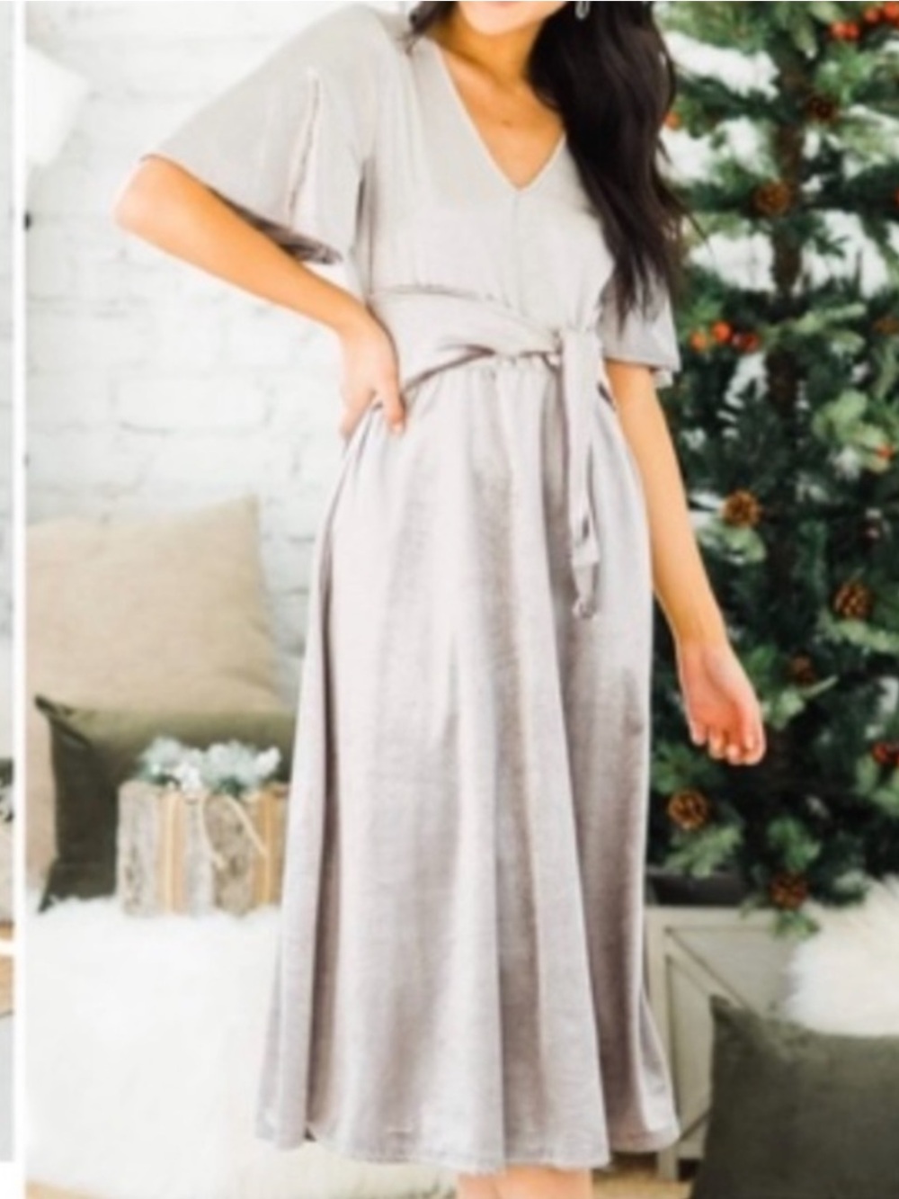 BiBi Silver V-Neck Midi Dress with Tie Waist